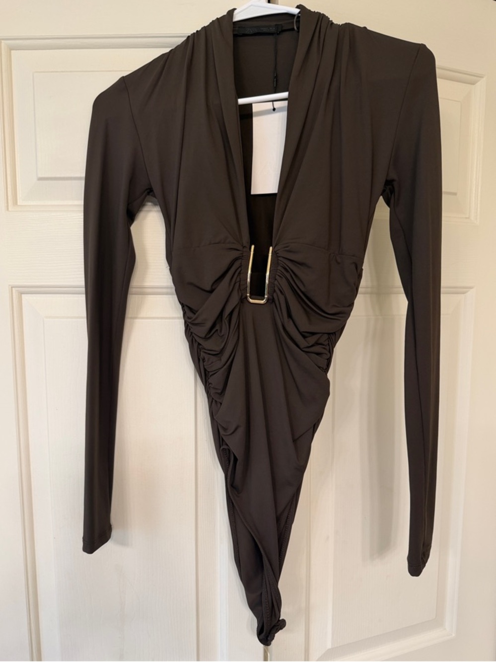 Zara Chocolate Brown Long-Sleeve Ruched Bodysuit with Gold